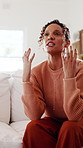 Woman, couple and fight on sofa with stress, blame and accountability for unshared responsibility. Mature wife, partner and argue in home with opinion, disagreement and crisis in toxic relationship