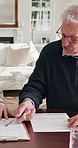 Advice, clipboard and signature of old person in home for insurance or investment sign up. Finance, papers and senior man with security broker in apartment for contract, policy or wealth management