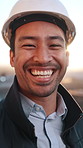 Happy, man and face of civil engineer in city with confidence for building, maintenance or repairs. Smile, about us and portrait of construction worker with pride for renovation plan in urban town.