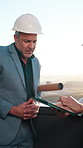 Meeting, contractor and man on balcony with tablet for building project, renovation and planning. Engineer, team and people on tech for digital report, research and compliance review for construction