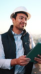 Thinking, man and construction worker with tablet for city planning, maintenance or repairs. Digital technology, ideas and civil engineer with research for property development in urban town.