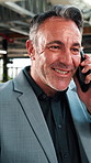 Phone call, smile and businessman in office with contact on investment planning with finance report. Cellphone, communication and mature financial manager on mobile discussion for feedback on project