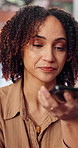 Disappointed, woman and speaker phone in home for online communication, mobile app and social media. African person, stress and recording in house with tech, voice note and contact for conversation.