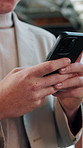 Hands, typing and business man with phone for text message, networking or communication. Mobile, person and online chat in office with app notification, social media post and browsing internet