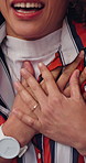 Woman, hands and sick with stress for chest pain, heart attack symptoms and issue for medical emergency. Person, cardiac arrest and health problem with cardiovascular disease, virus and discomfort.