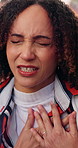 Sick, woman and stress in house with chest pain, heart attack symptoms and problem with inflammation. African person, cardiac arrest or health issue in home with disease, virus and medical emergency.