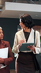 Business, tablet or team in office with discussion, portfolio review or feedback on investment strategy. Women, tech or finance advisors with document, funding plan or insight on budget evaluation.