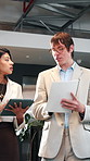 Discussion, tablet or team in office with paper, portfolio review or feedback on investment strategy. Collaboration, people or finance advisors with document, funding plan or insight on budget growth