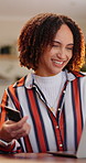 Happy, woman and credit card in house with laptop, payment and savings with online shopping sale. Excited, person and digital banking in home with computer, fintech and discount on ecommerce website.