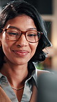 Glasses, reading and happy woman with laptop for business budget approval, audit review or smile. Tech, eyewear and accountant in office with financial email, tax compliance and online report