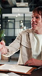 Interview, man or happy with handshake in office for company promotion, internal vacancy or welcome. Notebook, HR manager or candidate shaking hands for performance review, contract renewal or hiring