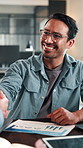 Offer, man or happy with handshake in interview for job promotion, finance vacancy or welcome. Graphs, HR manager or candidate shaking hands for financial post, onboarding or hiring success in office