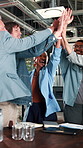 Business, people and excited with high five in office for campaign launch, ROAS target or applause. Laugh, marketing team and clapping celebration for pitch approval, ad growth and brand partnership