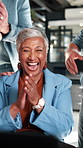 Applause, woman or celebration with team at laptop for campaign launch, good news or brand deal. Office, marketing manager or fist pump with clapping at tech for pitch approval, ad growth or excited