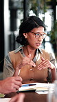 Business, meeting and woman with document in office for campaign oversight, KPI data or planning. Marketing manager, team and SEO graphs to track user behavior, competitor analysis and brand strategy