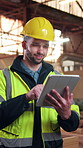 Tablet, engineer and happy man at construction site, project development and building review. Smile, technology and architect with online design, maintenance schedule or safety compliance report
