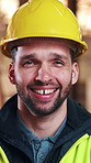 Happy, man and face of construction worker on site with confidence for building repairs. Smile, about us and portrait of civil engineer with pride for maintenance, property development or renovation.