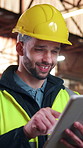 Tablet, architect and happy man at construction site, project development and building review. Smile, technology and engineer with online design, maintenance schedule or safety compliance report