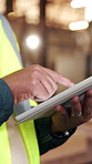 Tablet, architect and hands typing with building development, engineering review and construction site. Person, technology and contractor with online design, renovation update and project evaluation