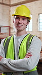 Face, man and architect in workshop with arms crossed, career pride or about us for architecture. Portrait, person and happy at warehouse with ambition, positive attitude and construction development