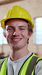 Face, man and architect in workshop with smile, career pride and about us for architecture. Portrait, male person and happy at warehouse with ambition, positive attitude and construction development