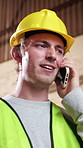 Phone call, man and civil engineer on site with feedback on property development or repairs. Cellphone, communication and construction worker on mobile discussion for building approval from below.