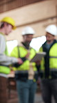 Man, team and tablet in workshop for carpentry, research and timber inventory for production. Blurred, people or carpenter briefing in warehouse with digital, lumber order and manufacturing furniture