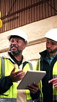 Carpenter, team and talking in workshop with tablet, research and timber inventory for production. People, collaboration and tech in warehouse for carpentry, lumber order and manufacturing furniture