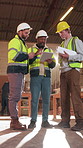 Below, people and carpenter in workshop with tablet, research and timber inventory for production. Team, digital and blueprint in warehouse for carpentry, lumber checklist and manufacturing furniture