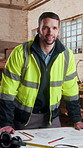 Face, man and carpenter in workshop with blueprint, document and illustration for woodwork. Portrait, male person and happy at warehouse with paperwork, floor plan and carpentry design for production