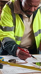 Black man, engineer and drawing at site with document, blueprint and illustration for architecture. Mature person, writing and laptop at workshop with paperwork, floor plan and structure for building