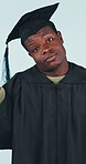 Clueless, face and black man with question for graduation or reaction on a studio background. Portrait, male person or student graduate with doubt, confusion or unsure for academic course or learning