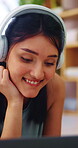 Dance, headphones and laptop with happy woman on floor in home for audio or sound streaming. Computer, music and smile with person in apartment for online entertainment, rhythm or subscription