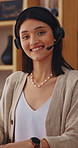 Headset, face and happy woman in home with laptop, remote call center and about us in crm service. WFH, mic or finance consultant with confidence, online assistance or pride in customer support.