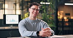 Happy, glasses and face of businessman in office for trading report for stock market analysis. Smile, professional and portrait of financial advisor with confidence for investment plan in workplace.