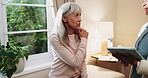 Happy, tablet and physiotherapist by senior woman for consultation, rehabilitation or healing joint. Old person, shoulder pain and conversation with tech for online form, results or chiropractor app