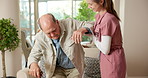 Caregiver, help and old man at house with walking stick, support and balance for physiotherapy. Smile, nurse and senior person with disability, assisted living and physical therapy for rehabilitation