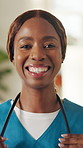 Face, woman and nurse with stethoscope for cardiology, healthcare service and heart wellness. Clinic, black person and happy medical professional with equipment for pulmonary health, smile or pride