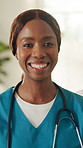 Face, nurse and black woman with smile for healthcare assistance or medical service in home. Portrait, female person or happy caregiver with positive attitude for health advice or help in house