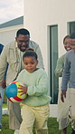 Family, ball and running at backyard for playing together, fun game and happy kids with grandparents. Black people, mother and father bonding with children, love and care with generations by house