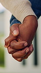 Love, holding hands and couple outdoor for connection, bonding or support in marriage on weekend. Trust, comfort and man with woman for guidance, safety or solidarity together in backyard of house.