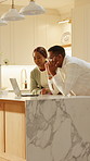 Laptop, talking and black couple in kitchen at house for planning monthly budget or savings. Running, children and man with woman on computer for internet banking with asset management in home.