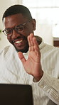 Laptop, wave and black man with video call, remote work and financial advisor or budget plan in home. Tech, freelancer and account manager in house for communication, investment feedback or portfolio