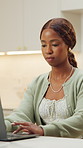 Freelancer, online or black woman with laptop in home, social media marketing or thinking of post. Computer, remote work and person with project review, scroll engagement info or idea for ad campaign