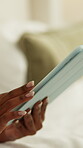 Ebook, scroll or hands in house with tablet, digital library or browse on storytelling platform. Search, space or woman in home with tech, virtual publication or portable reading on literature site.