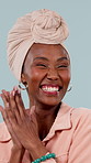 Clapping, win and excited woman in studio with success, accomplishment or lotto on white background. Happy black person, celebration and applause for achievement, yes or giveaway prize with reward