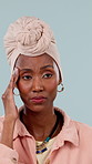 Stress, mistake and black woman with headache for regret, doubt or bad decision on a studio background. Frustrated, female person or sore ache with migraine for mental health, strain or pressure
