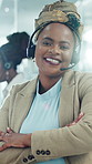 Headset, woman and face of call center consultant in office with crm, help desk or communication. Mic, happy and portrait of technical support agent with contact us, customer service or consultation.