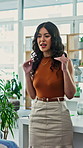 Presentation, meeting and businesswoman in office for planning creative project at startup. Discussion, feedback and magazine editor with pitching idea on article with collaboration in workplace.