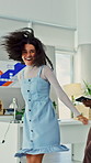 Celebration, dance and energy with designer woman in office for achievement or victory. Bonus, excited and music with happy employee in design workplace for creative goals, milestone or target